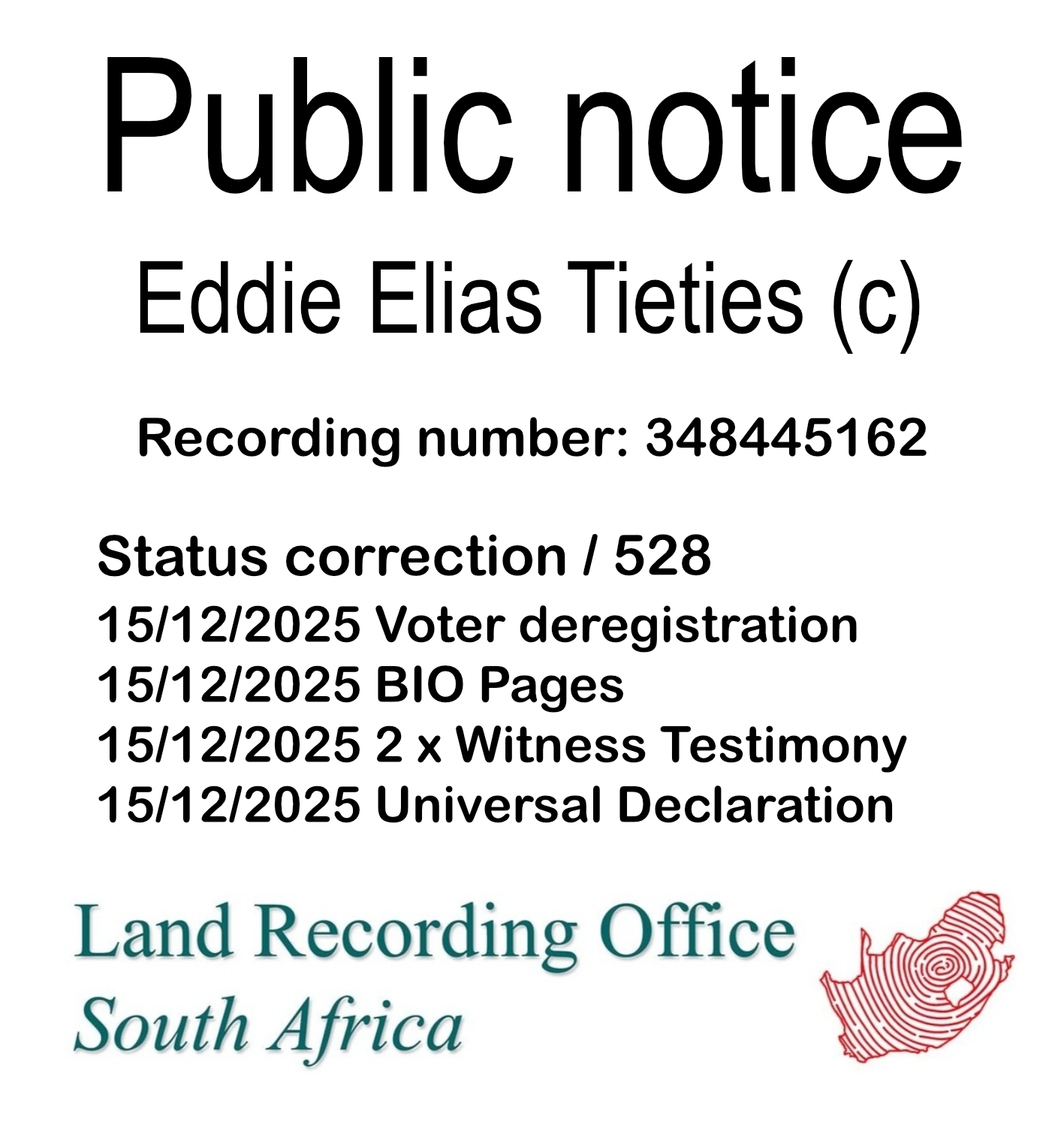 Public notice Eddie Elias Tieties Recording number 348445162